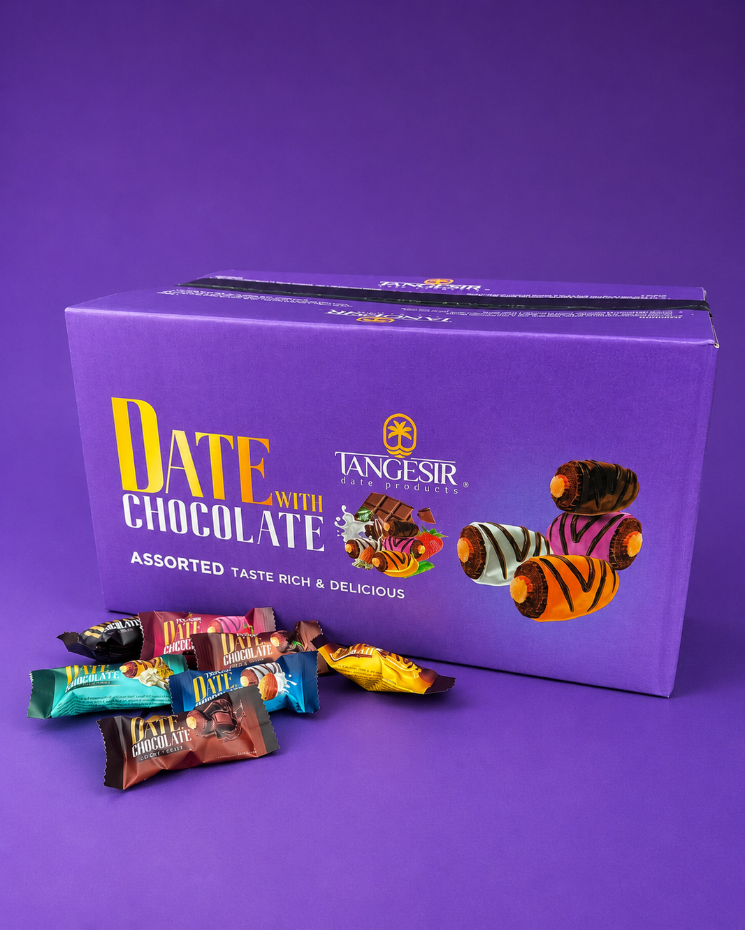 Tanglesir chocolate box with assorted chocolate bars on a purple background
