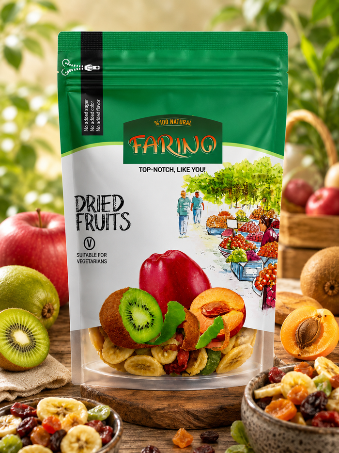 Bag of Farino dried fruits with a background of various dried fruits and a market scene.