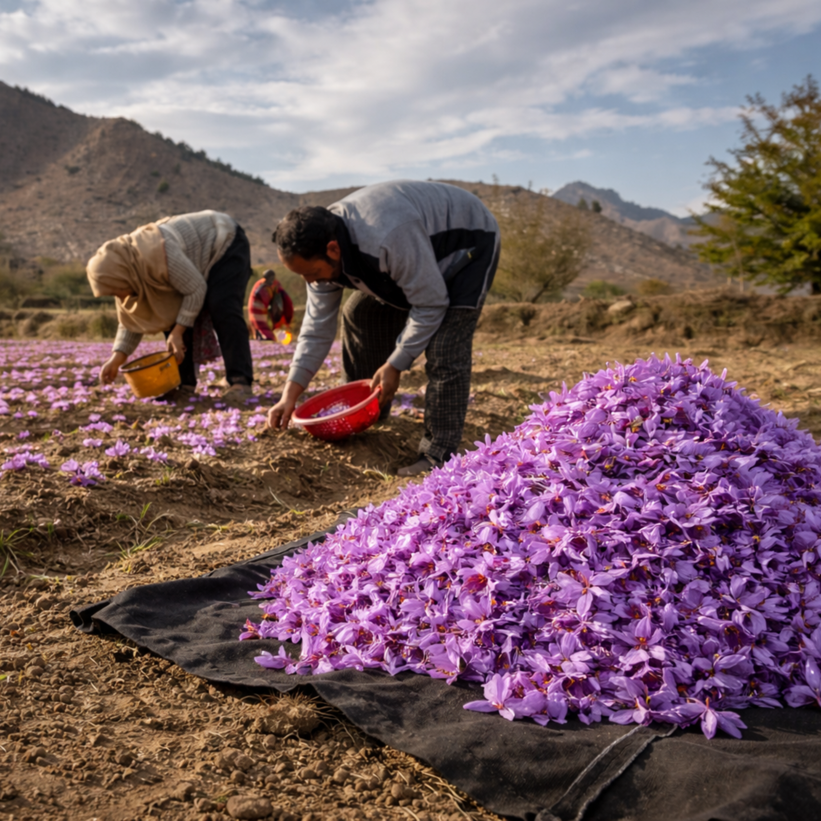 Farmers hand-harvesting purple saffron crocus flowers in a field, collecting fresh blossoms for premium saffron production by Roya Group.