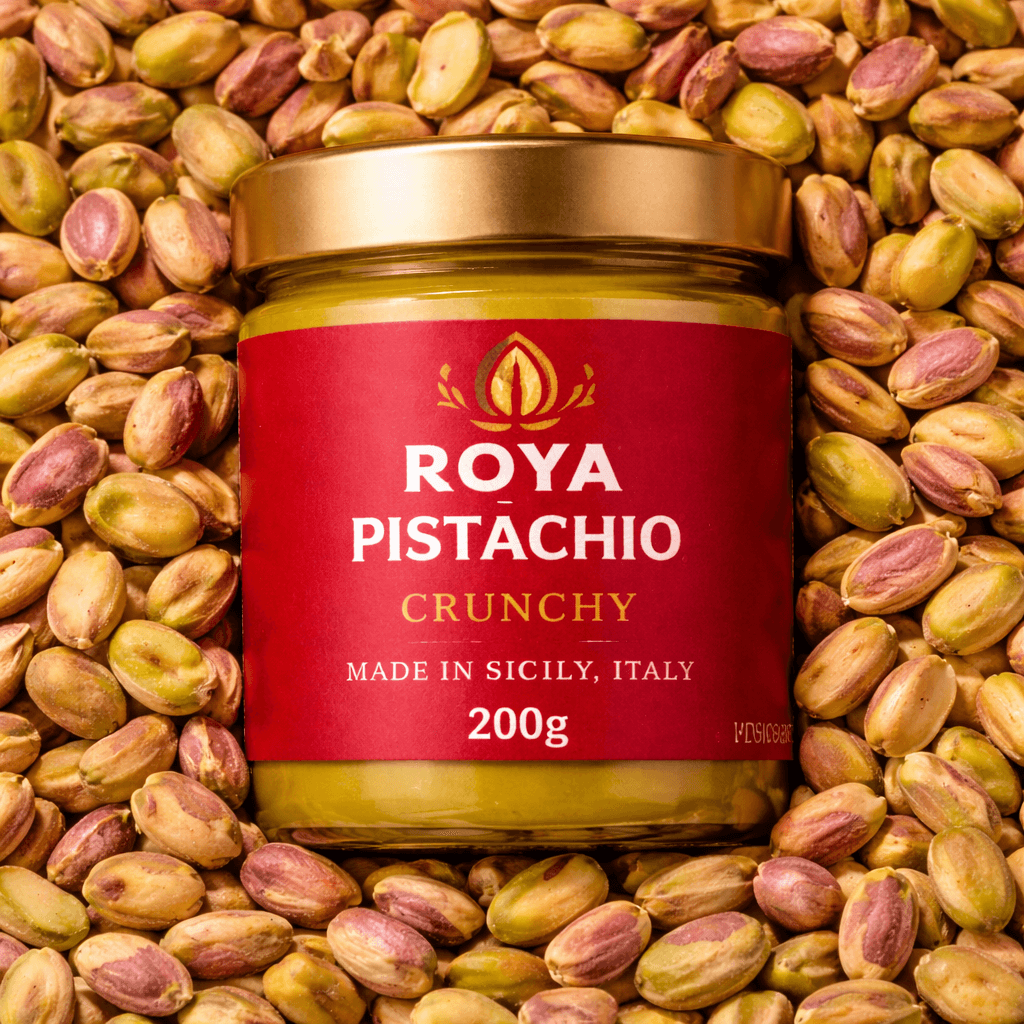 Roya pistachio cream crunchy 40 percent 200g jar made in Sicily Italy with whole pistachios background