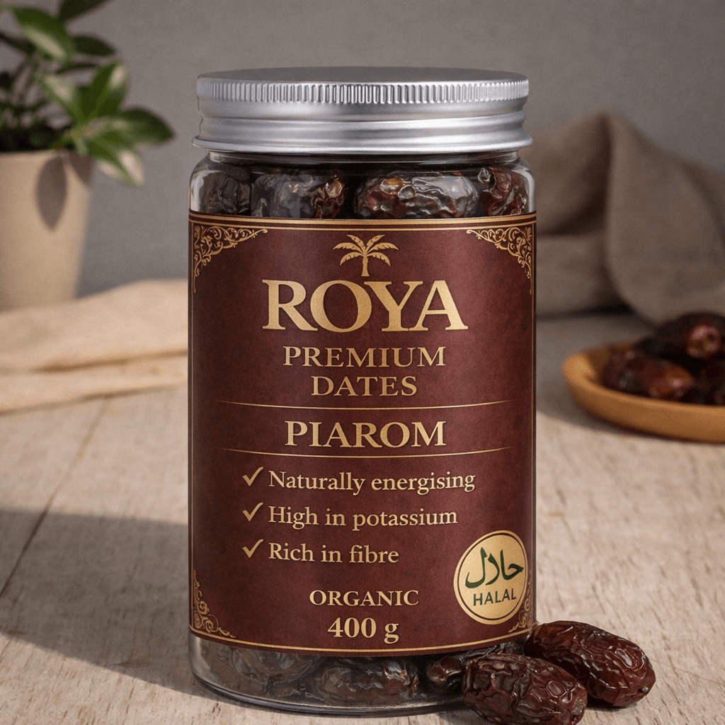Roya Premium Piarom dates 400g organic in clear jar, rich dark whole dates with halal certification.