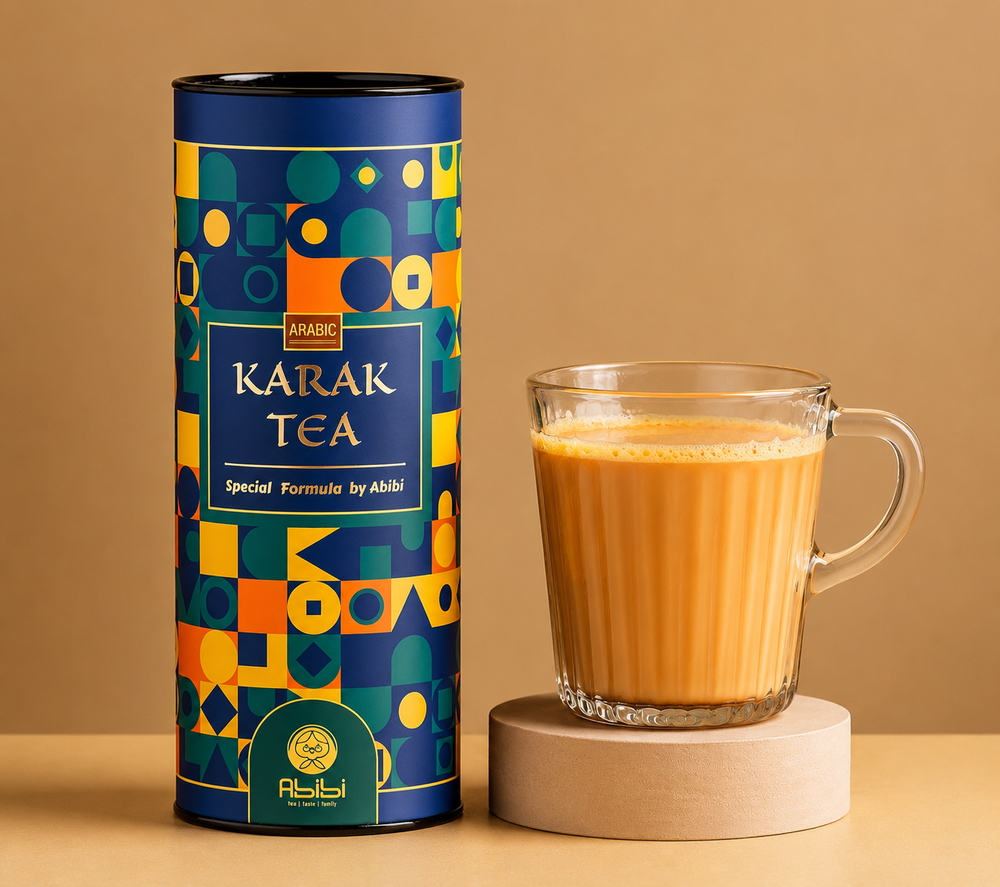 Karak Tea canister with a glass of tea on a beige background