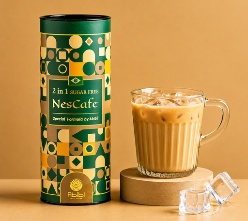 NesCafe 2 in 1 sugar-free coffee packaging with a glass of iced coffee on a beige background