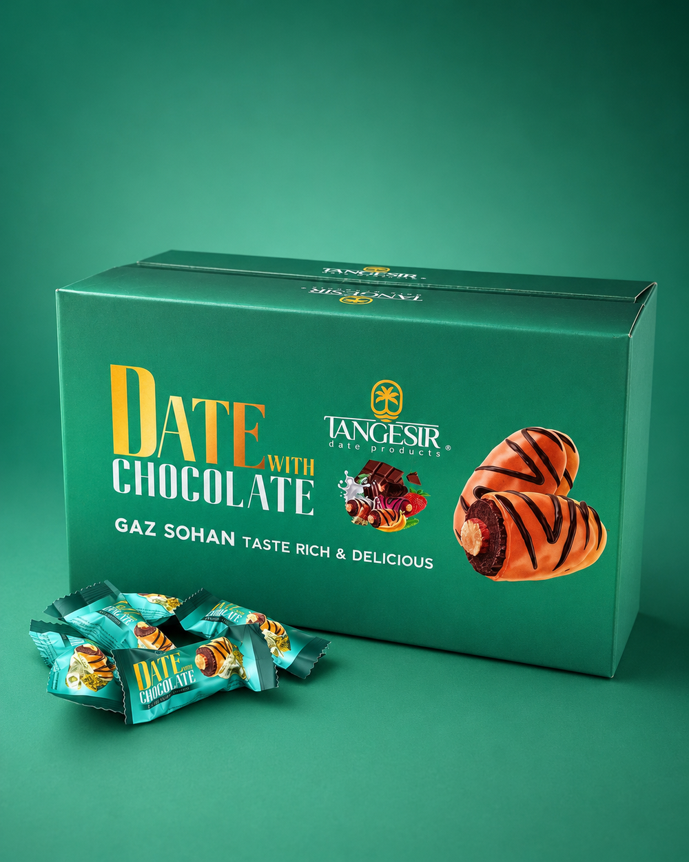 Tangiers Date with Chocolate packaging on a green background