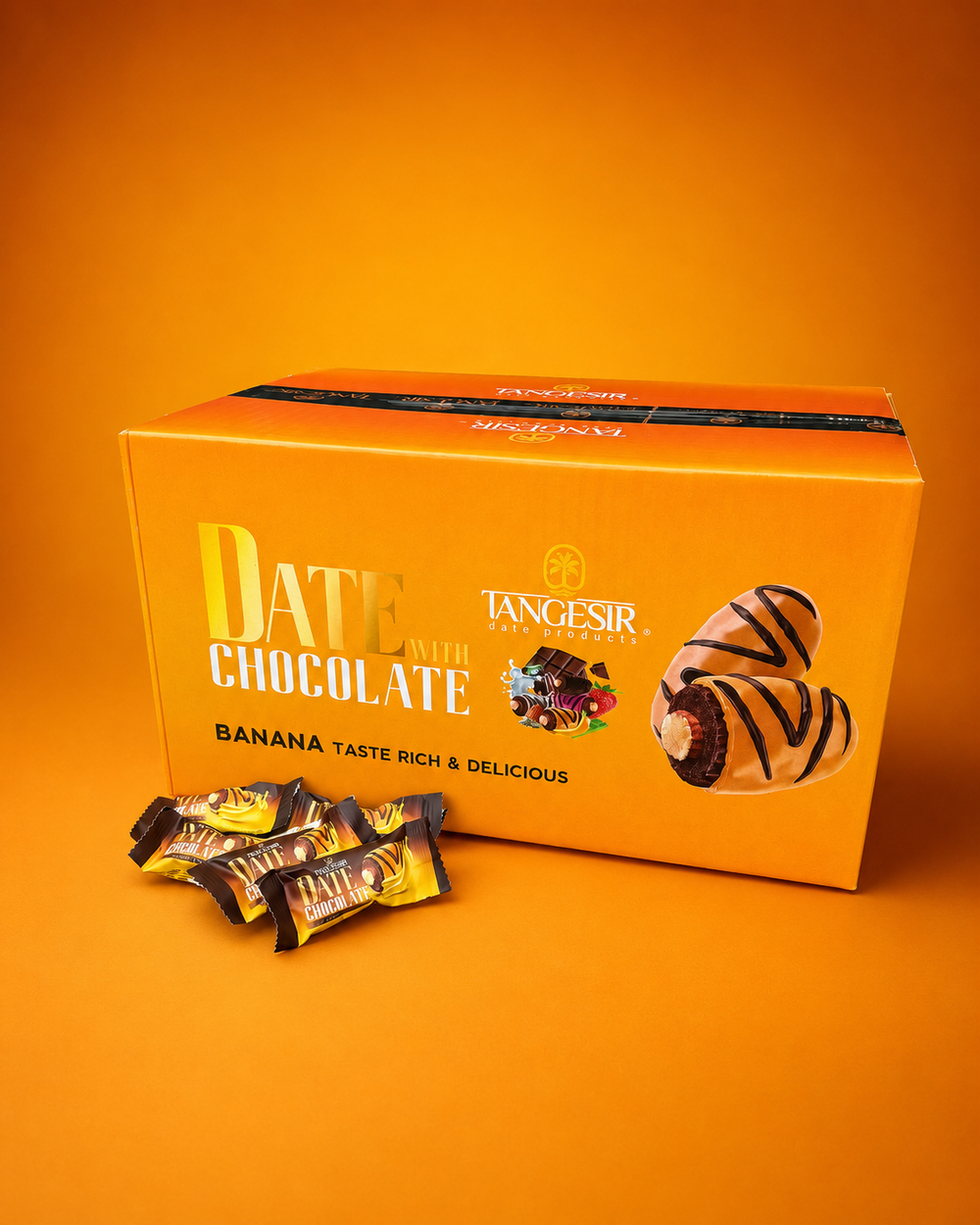 Box of Tangesir Date with Chocolate on an orange background