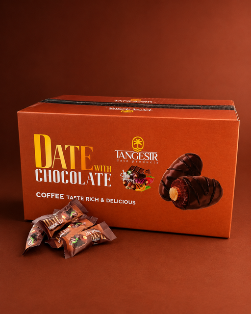 Box of Tangesir Date with Chocolate on a brown background