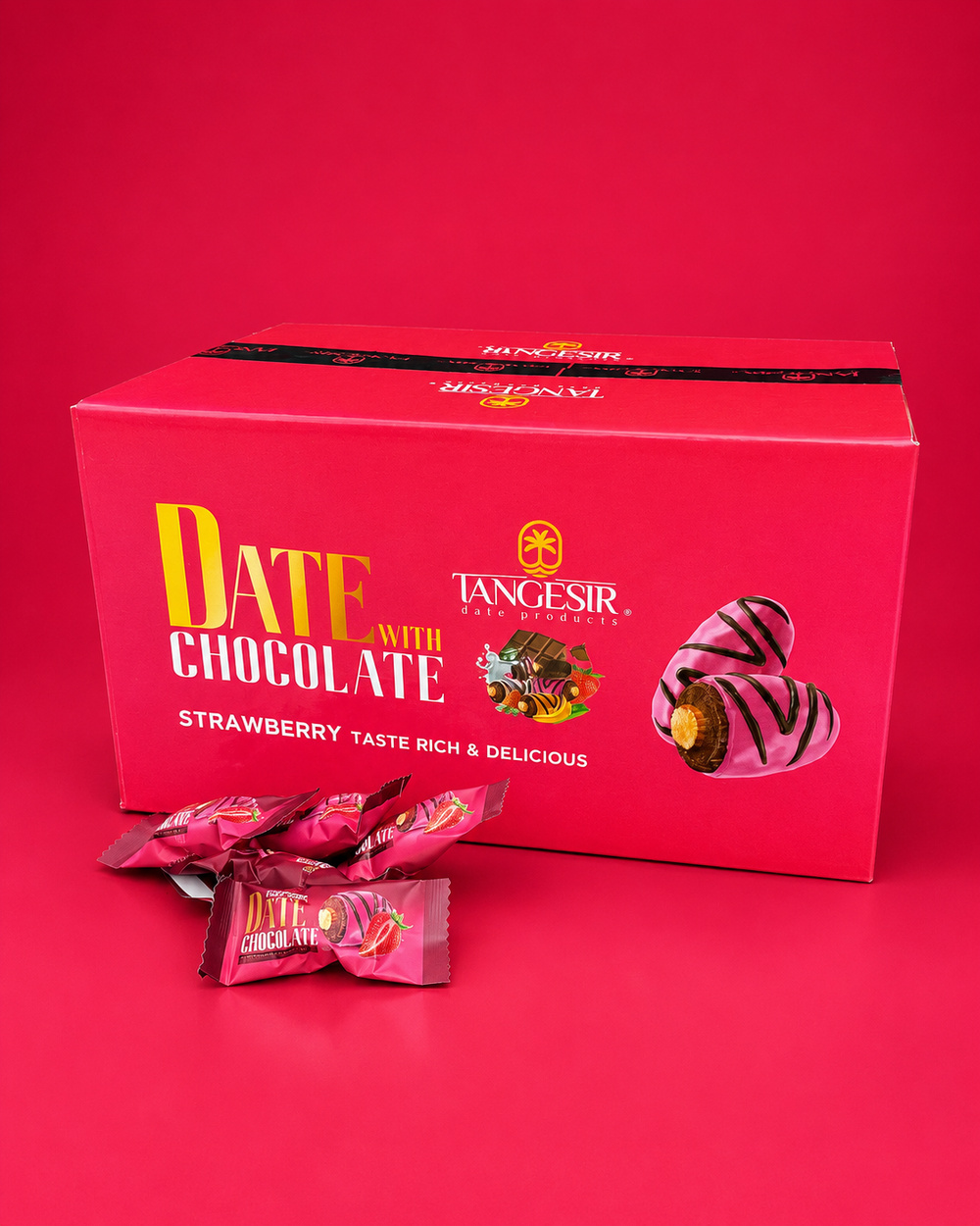 Tangesir chocolate box with pink packaging and heart-shaped chocolates on a red background