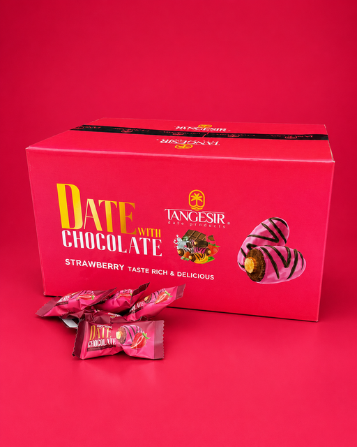 Tangesir chocolate box with pink packaging and heart-shaped chocolates on a red background