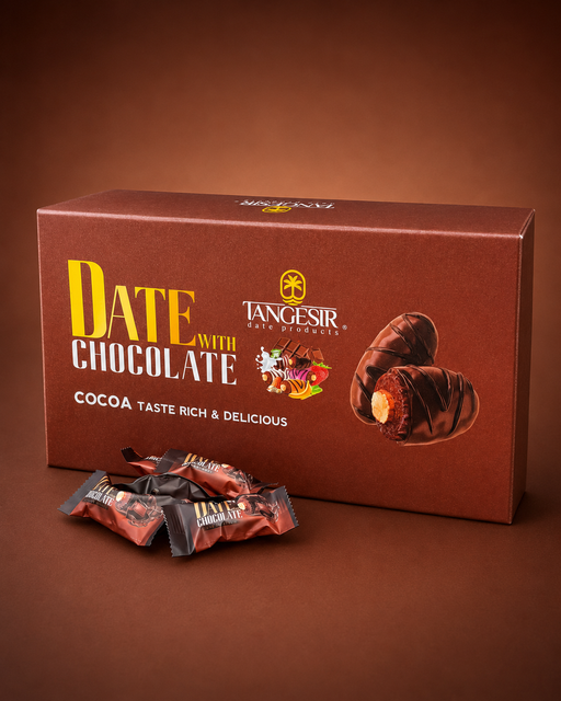 Box of Tangesir Date with Chocolate on a brown background
