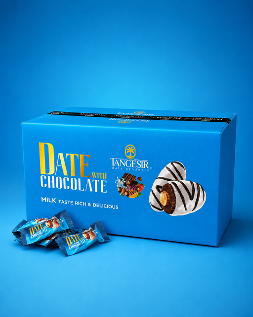 Blue box of Tangesir Date with Chocolate on a blue background
