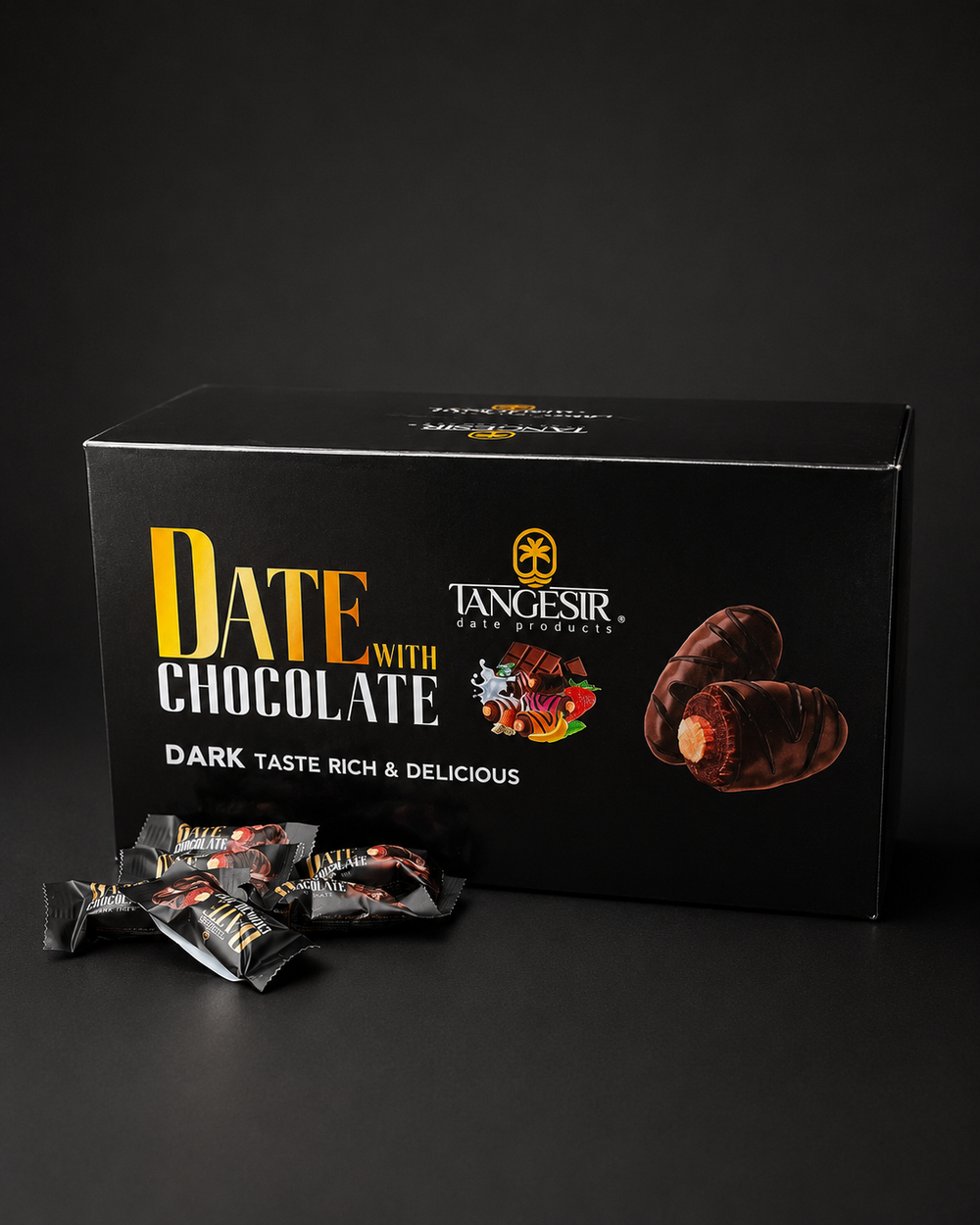 Tangesir date and chocolate packaging on a black background