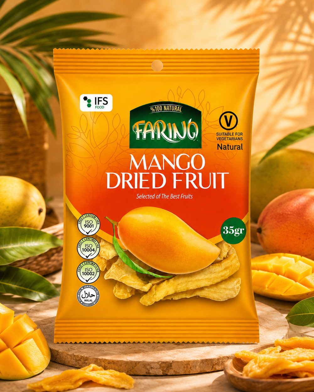 Packaged mango dried fruit with visible brand logo on a wooden surface with mangoes around.