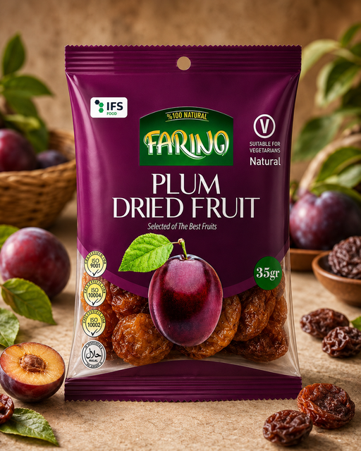 Packaged dried plum fruit with Faringo branding on a wooden surface with plums around.
