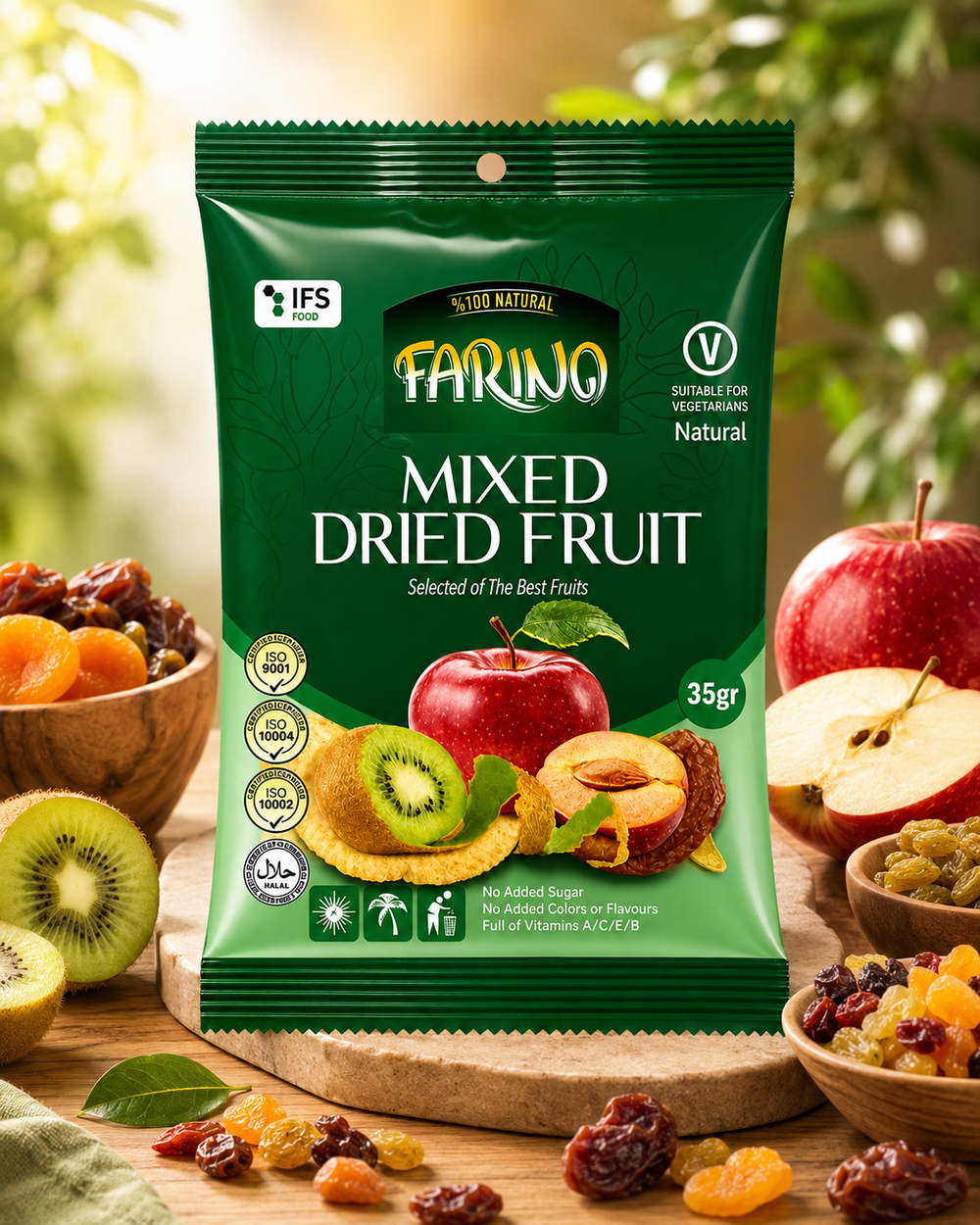 Green package of Farino mixed dried fruit with fruits in the background