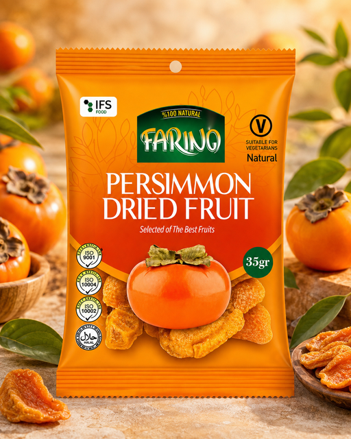Packaging of Farino persimmon dried fruit with persimmons in the background