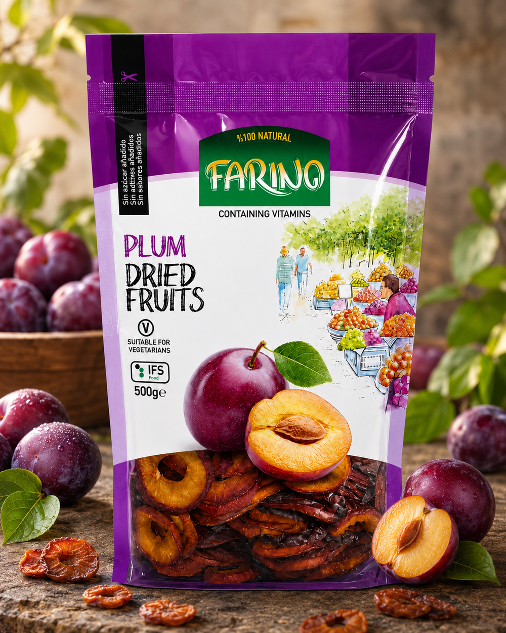 Bag of Farino plum dried fruits with dried plums and leaves on a wooden surface.