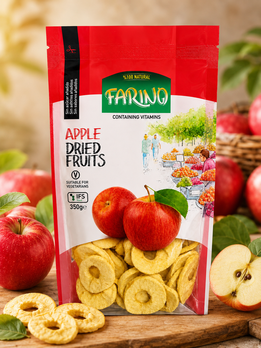 Packaging of Farina apple dried fruits with apples and dried fruit slices on a wooden surface.