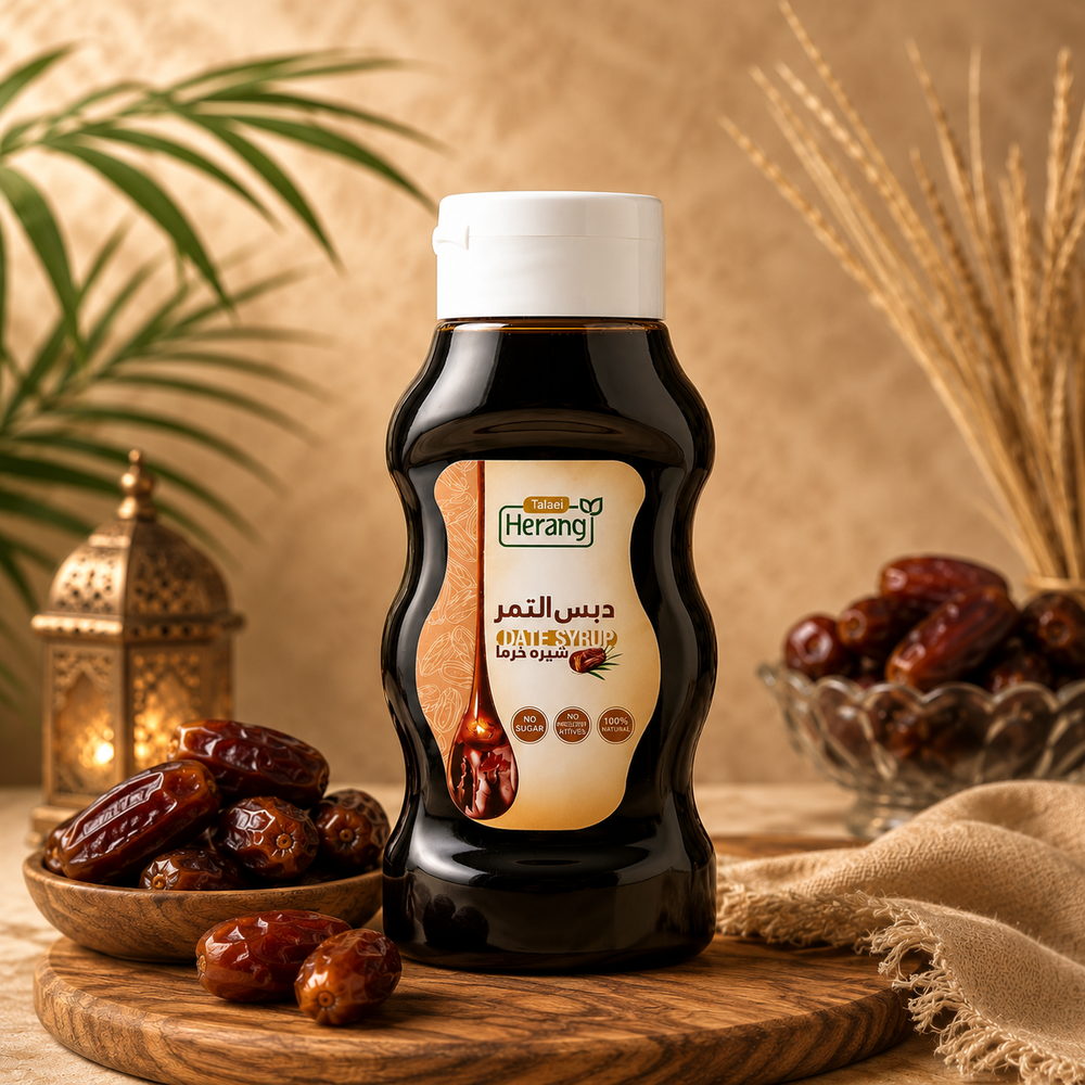 Bottle of date syrup with a label on a wooden surface with dates and a plant in the background