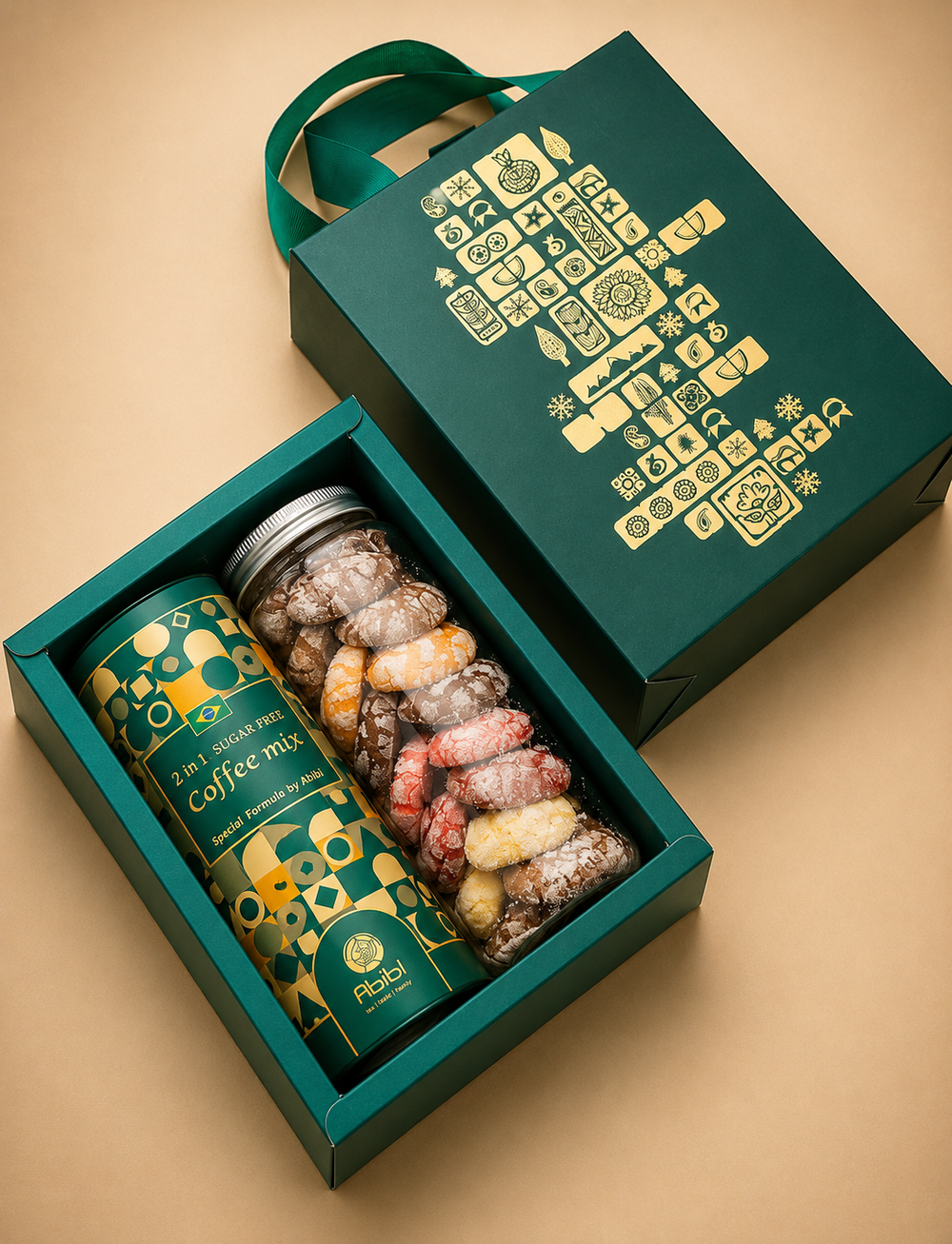 Gift set with a green box containing a jar of coffee mix and a bag of candies on a beige background.