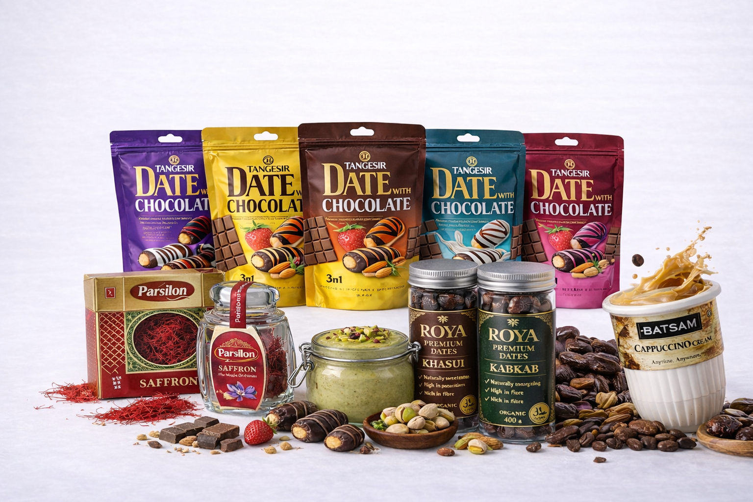 Assorted food products including date chocolate, saffron, and various jars on a white background