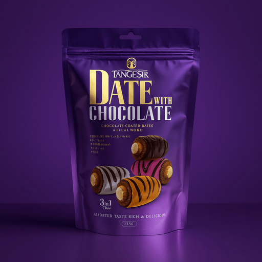 Assorted chocolate covered dates with almond centres by Tangesir, mixed flavours pouch supplied by Roya Group UK, premium Middle Eastern confectionery.