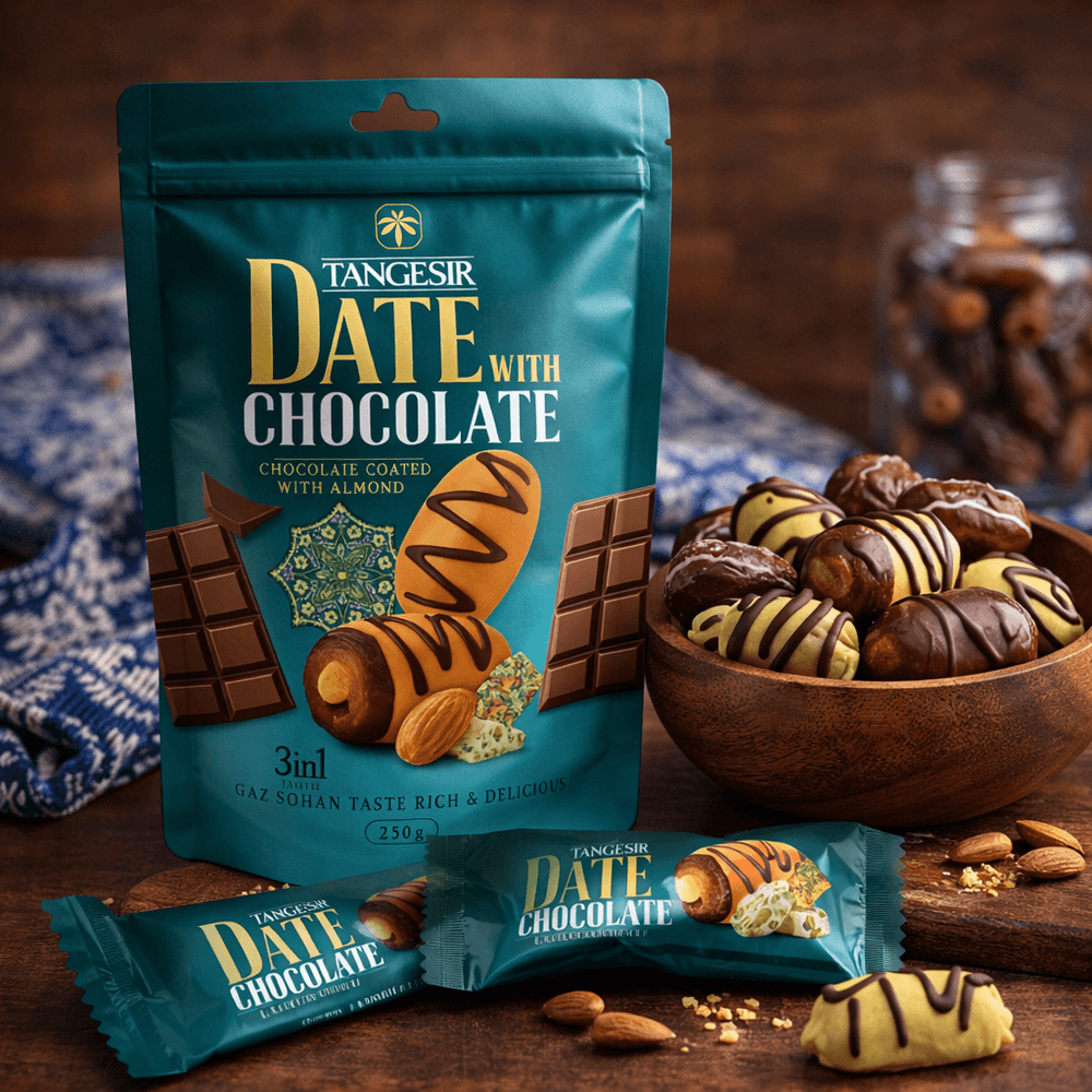 Tangesir date with chocolate coated with almond, 250g pouch with individually wrapped chocolate covered dates in bowl.