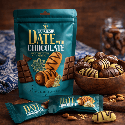 Tangesir date with chocolate coated with almond, 250g pouch with individually wrapped chocolate covered dates in bowl.
