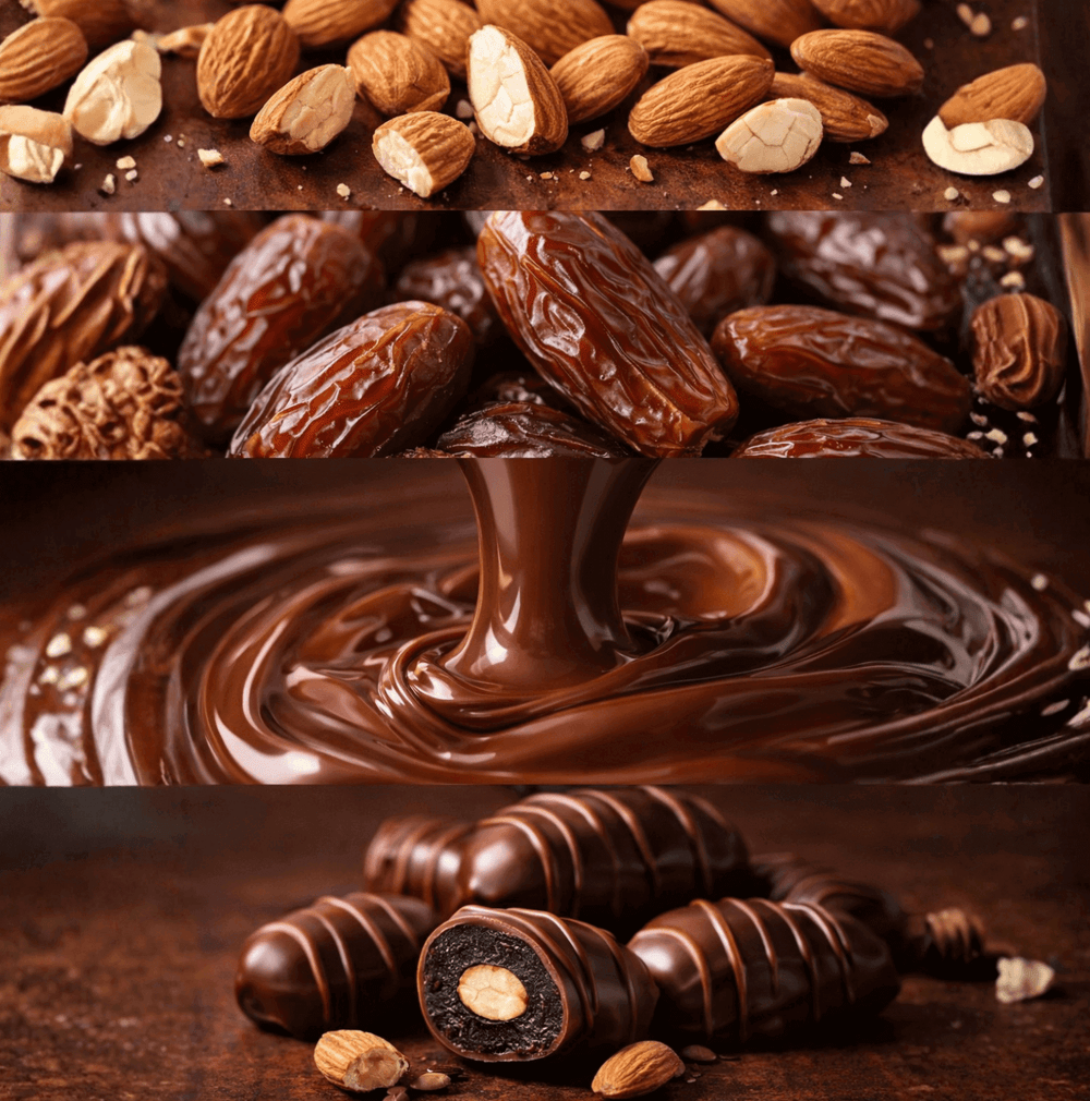 Coca chocolate coated dates with almond showing almonds, whole dates, melted dark chocolate and finished product cross-section
