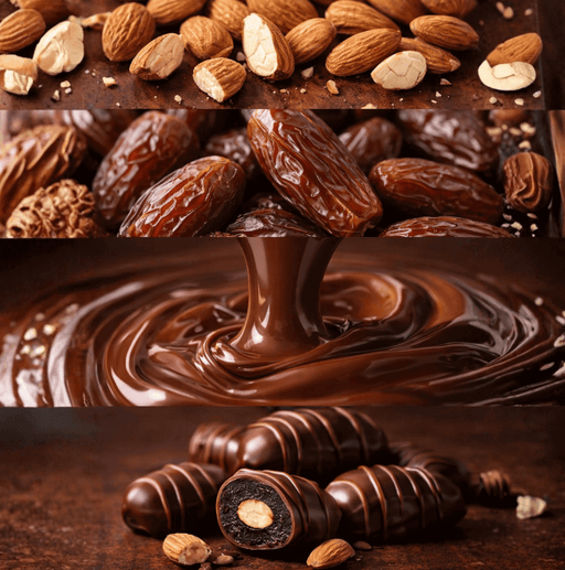 Coca chocolate coated dates with almond showing almonds, whole dates, melted dark chocolate and finished product cross-section