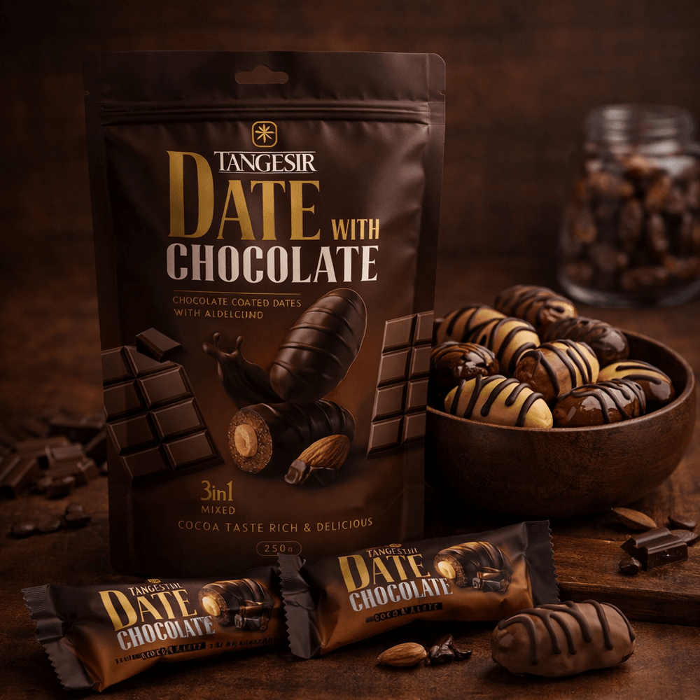 Coca chocolate coated dates with almond by Tangesir displayed with bowl of chocolate dates and dark chocolate pieces