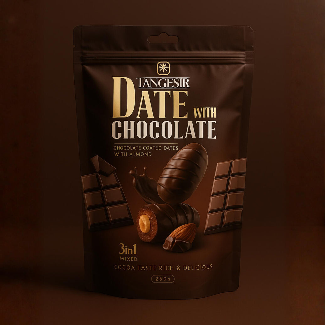 Roya Group Coca chocolate coated dates with almond by Tangesir in 250g stand-up pouch packaging on brown background
