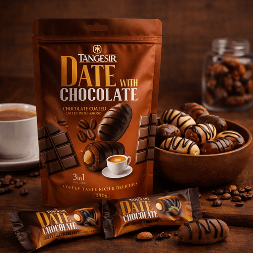 Coffee chocolate coated dates with almond centre by Tangesir, served with espresso and chocolate pieces, Roya Group UK