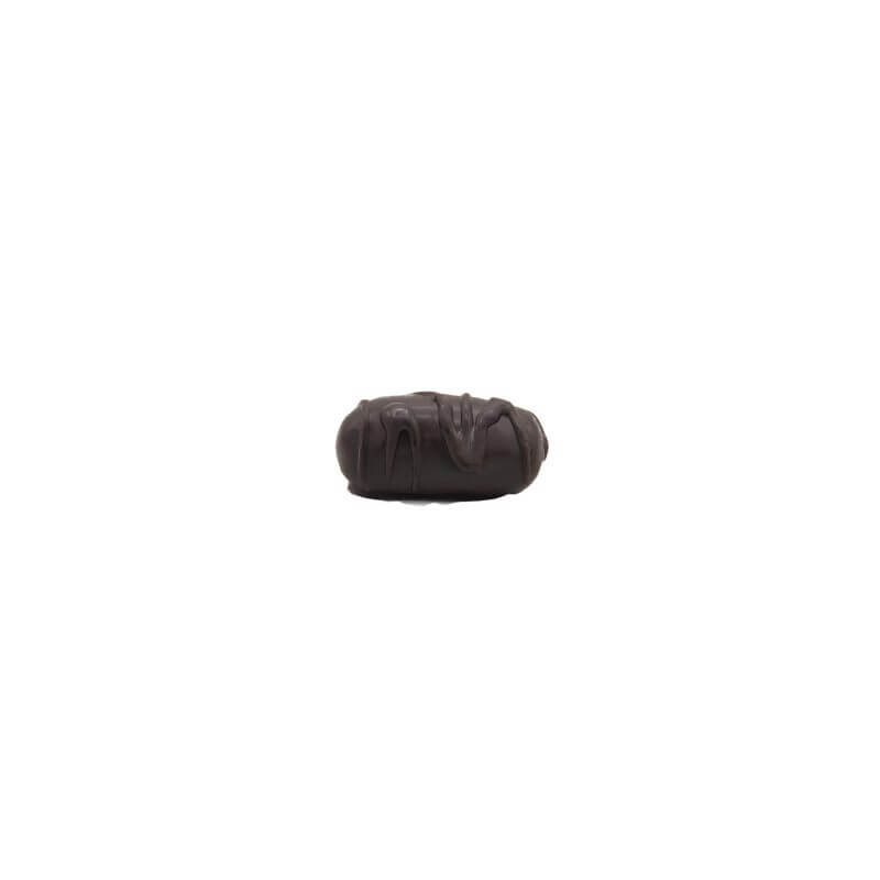 Close-up of dark chocolate coated date with whole almond centre isolated on white background