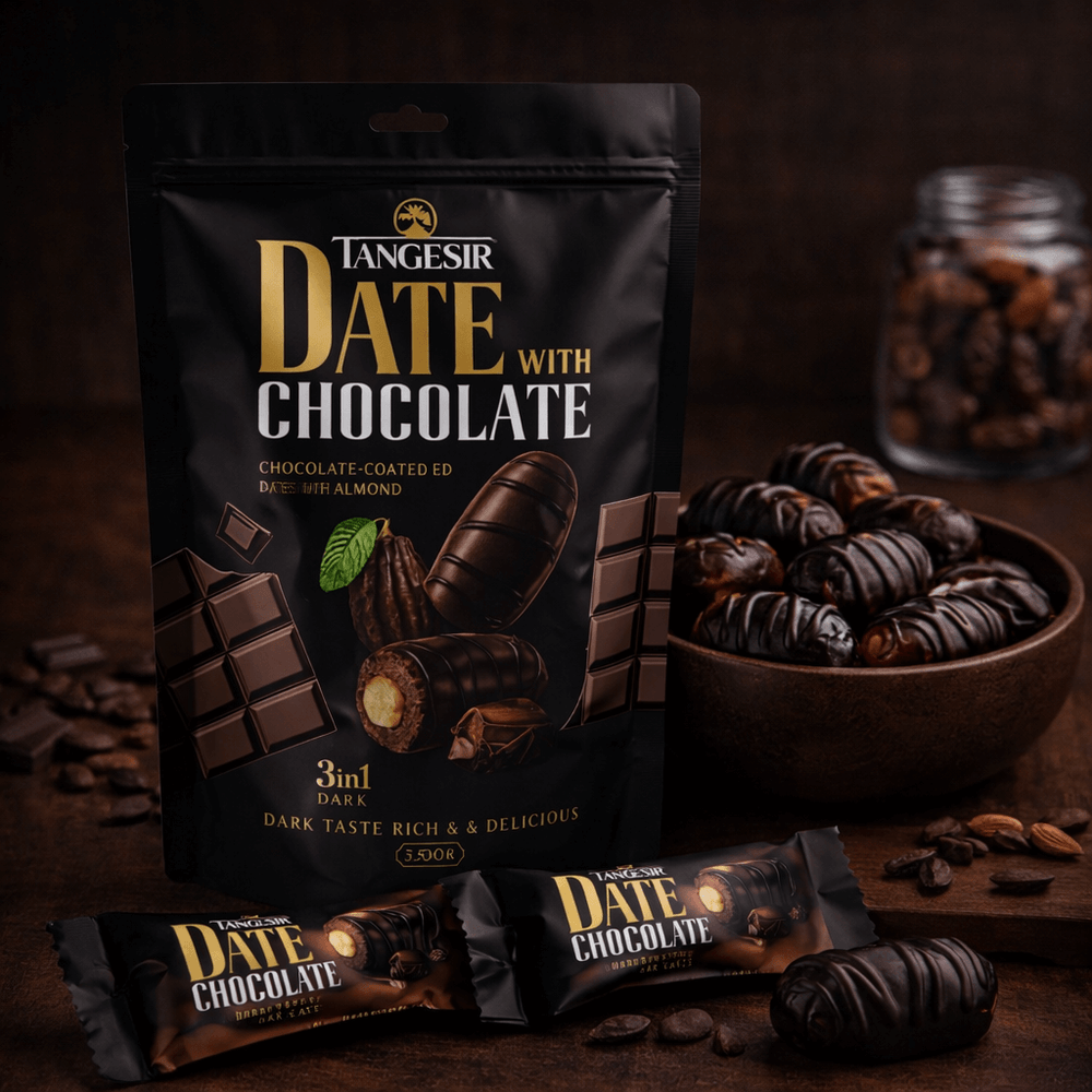 Dark chocolate coated dates with almond centres displayed beside Tangesir packaging by Roya Group in luxury setting