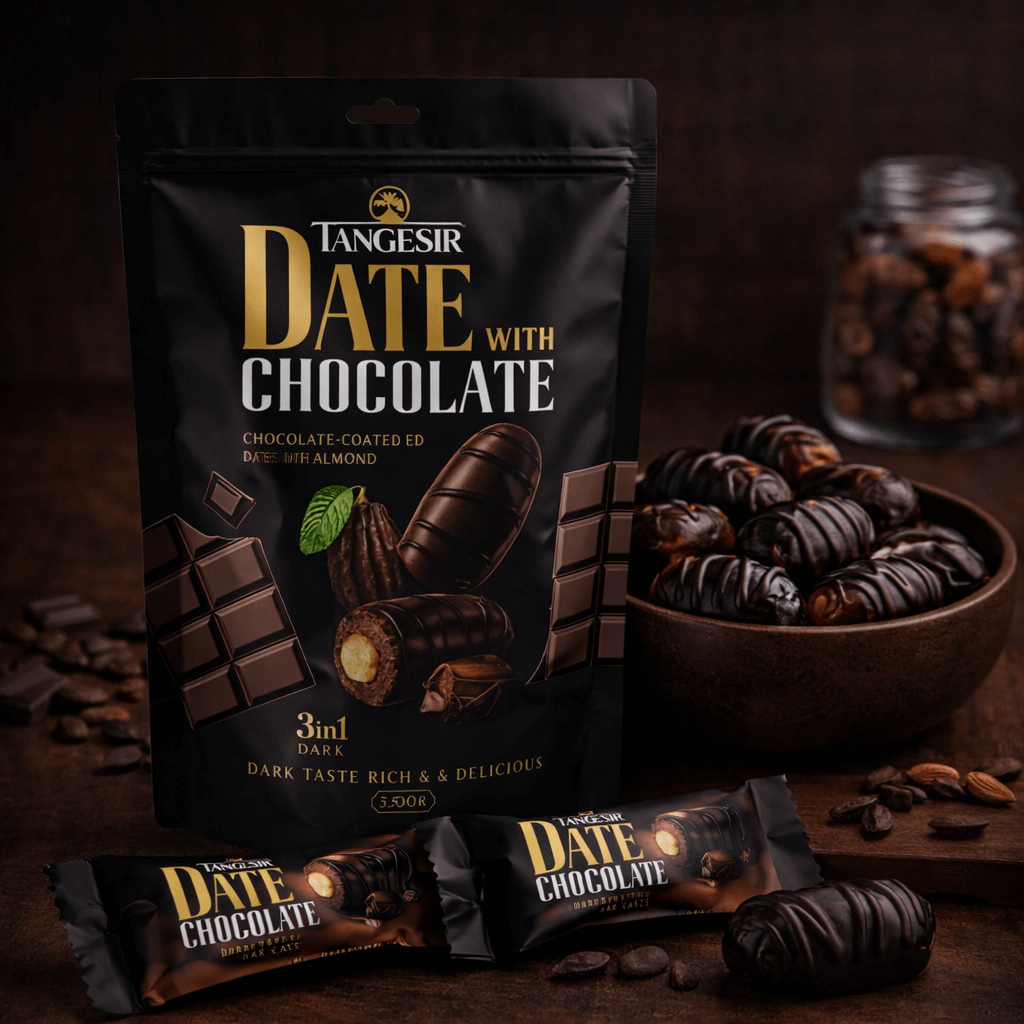 Dark chocolate coated dates with almond centres displayed beside Tangesir packaging by Roya Group in luxury setting