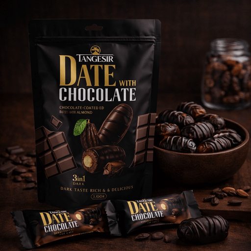 Dark chocolate coated dates with almond centres displayed beside Tangesir packaging by Roya Group in luxury setting