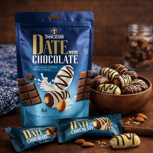 Roya Group milk chocolate coated dates with almond filling displayed with packaging and bowl of assorted chocolate dates