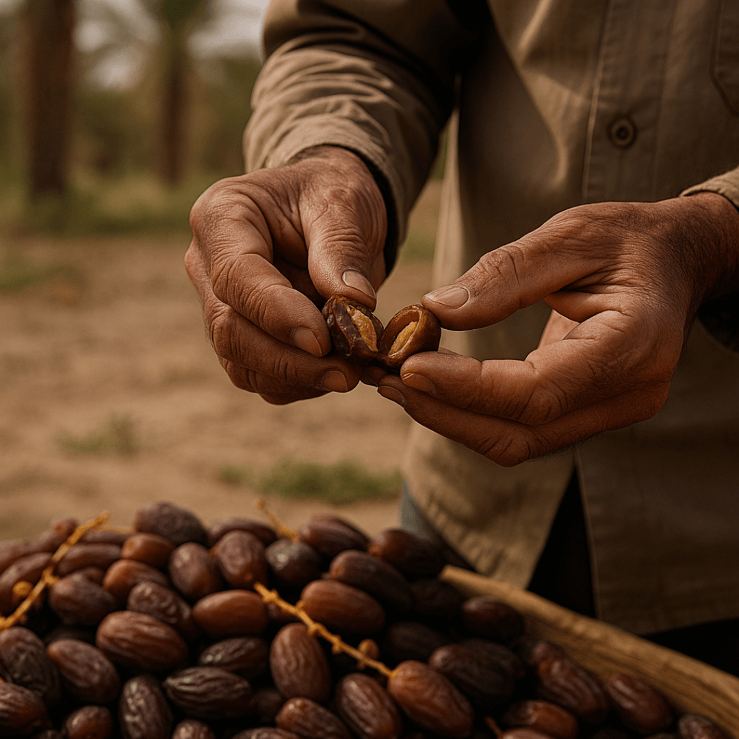 Close-up of freshly harvested premium dates inspected by hand, highlighting ROYA Group’s commitment to quality sourcing
