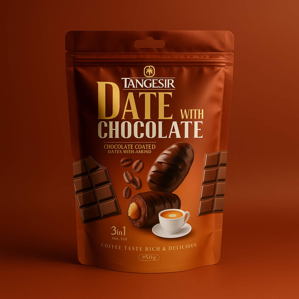 Coffee flavour chocolate coated dates with almond by Tangesir, 930g stand-up pouch, distributed by Roya Group UK