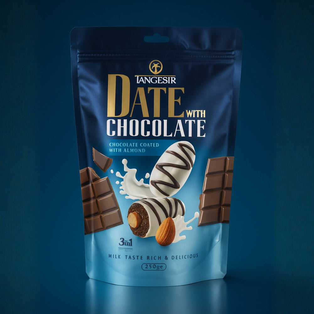 Roya Group Tangesir date with milk chocolate and almond, 250g resealable pouch, chocolate coated dates with almond filling