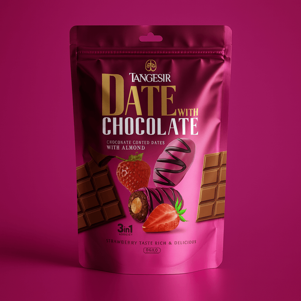Roya Group Tangesir strawberry taste chocolate coated dates with almond centre 250g pouch packaging