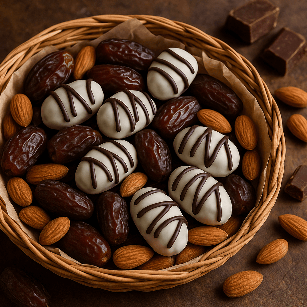 Close-up of Roya Group milk and white chocolate coated dates with almond centres in basket with whole almonds