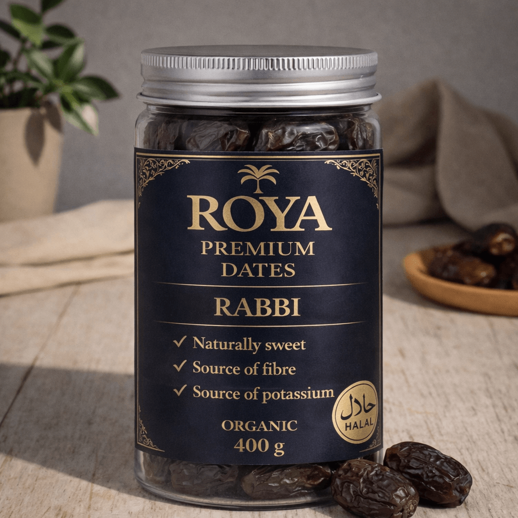 Roya Premium Rabbi dates 400g organic in glass jar, naturally sweet whole dates with halal certification.