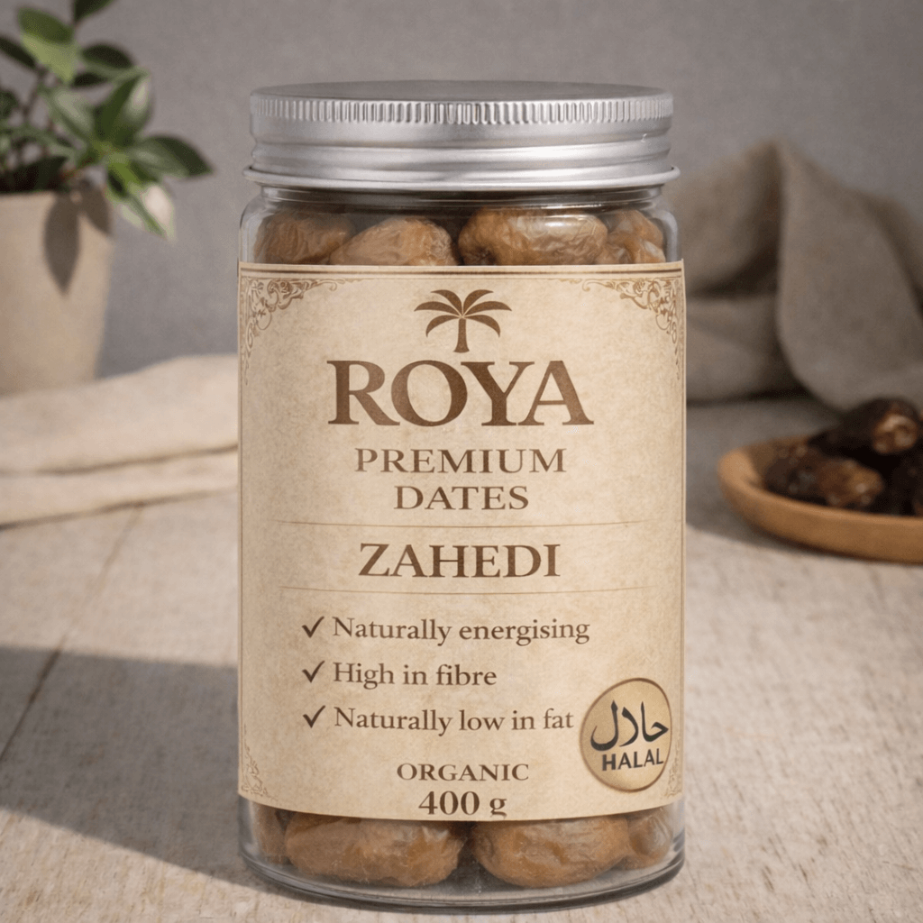 Roya Premium Zahedi dates 400g organic in glass jar, light golden whole dates with halal certification.