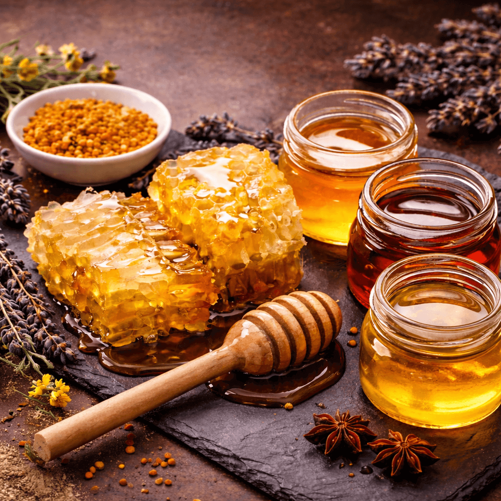 Premium raw honey in glass jars with fresh honeycomb and wooden dipper on a rustic surface, showcasing natural texture and rich golden colour.