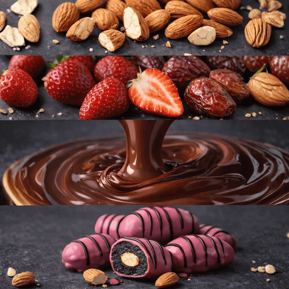 Close up of strawberry chocolate coated dates with almond filling alongside almonds, fresh strawberries and melted chocolate