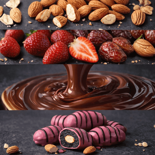 Close up of strawberry chocolate coated dates with almond filling alongside almonds, fresh strawberries and melted chocolate