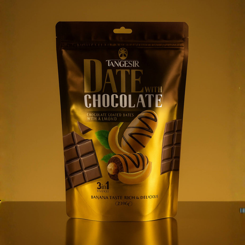 Tangesir banana flavour chocolate covered dates with almond in 250g pouch, supplied by ROYA Group.