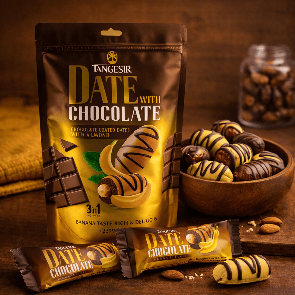 Tangesir banana chocolate covered dates with almond served in bowl, Persian sweet supplied by Roya Group.