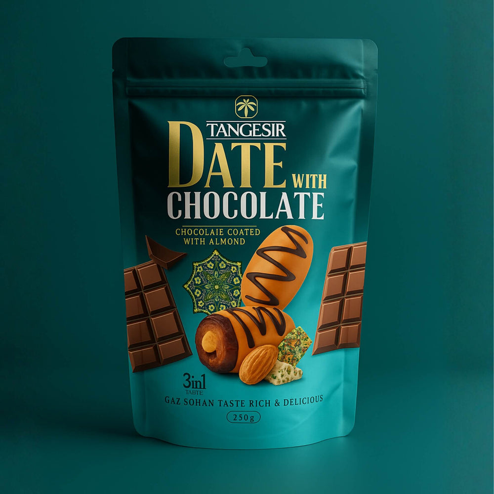 Tangesir date with chocolate coated with almond, 250g resealable pouch, Persian chocolate covered date snack.
